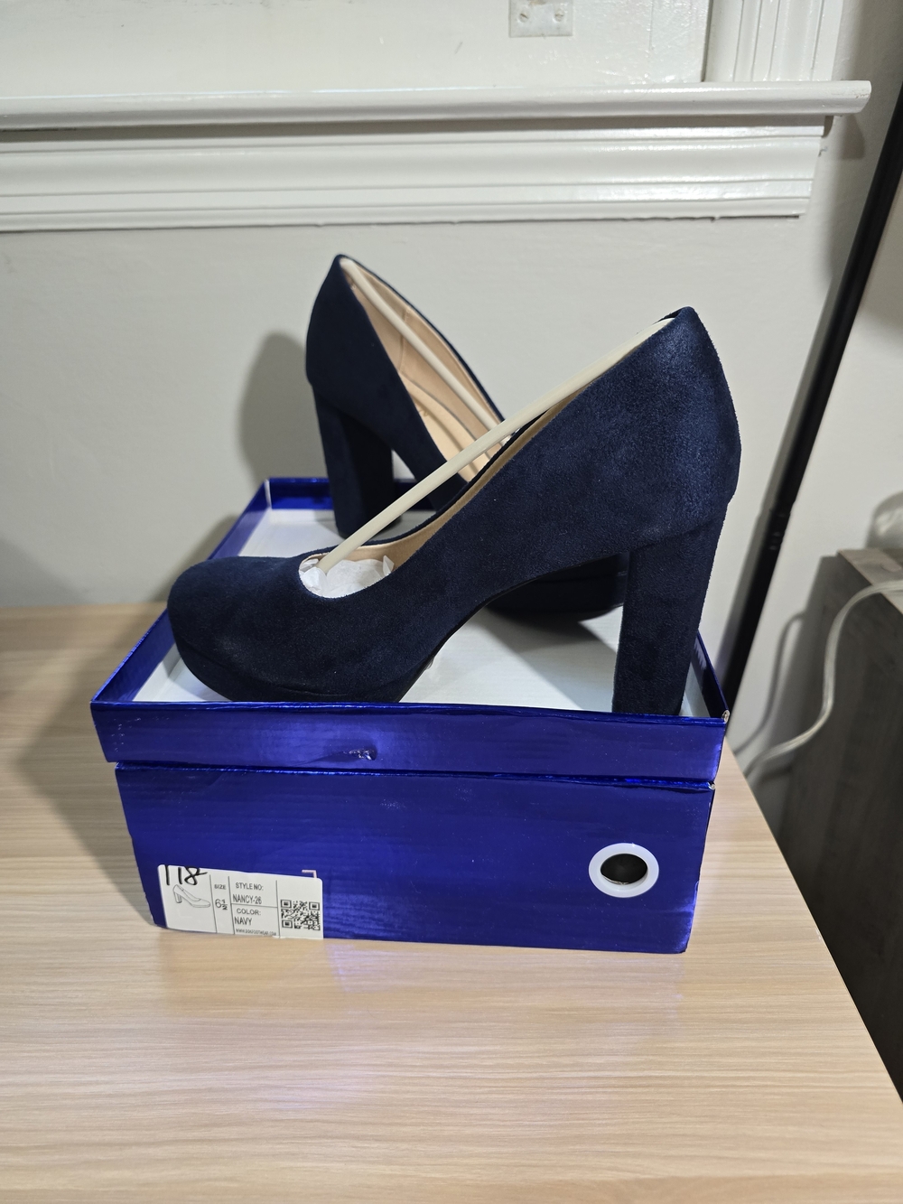 Women's Navy Suede Platform Pumps With A Block Heel - Picture 5 of 7